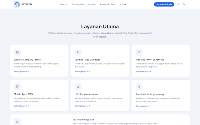 Vex Technology — preview website (mobile)